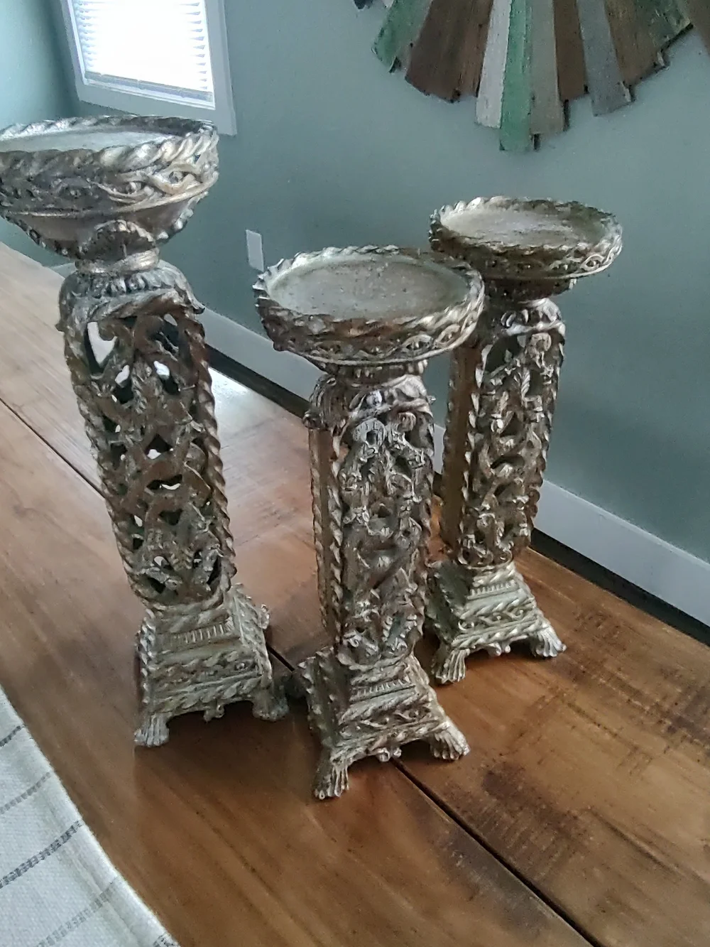 Ornate Gold Color Pedestal Candle Holders - Set of 3